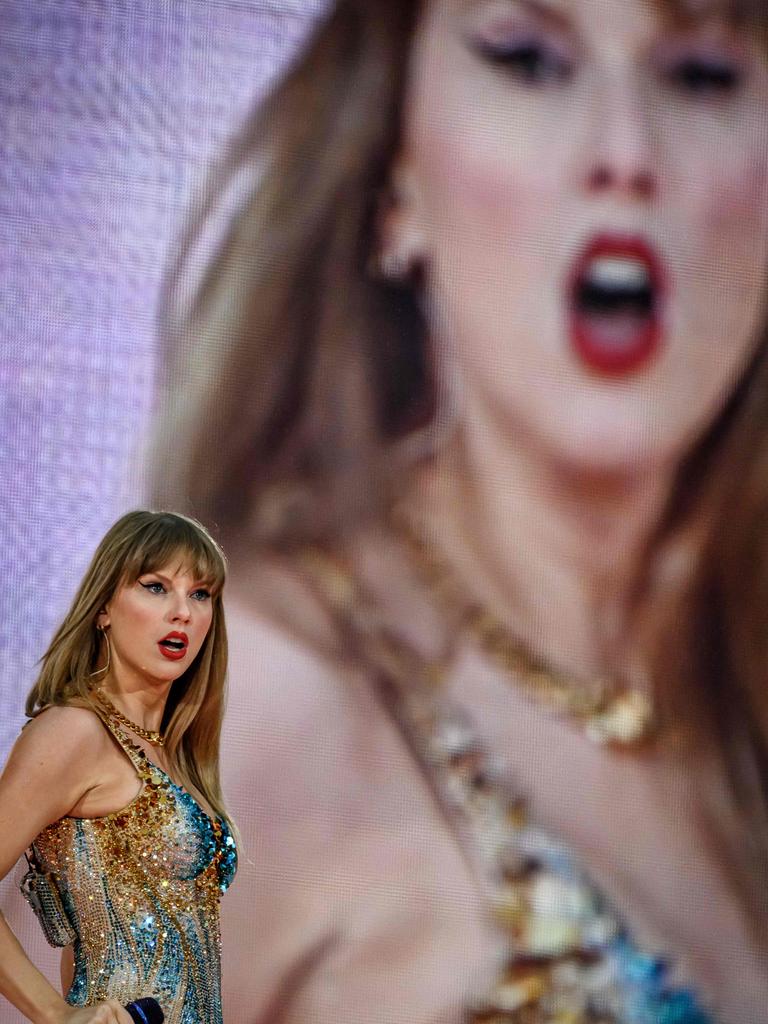 US singer songwriter Taylor Swift, performing on stage at the Groupama Stadium in Decines-Charpieu, eastern France, on June 2, said Trump’s false AI-generated image conjured her fears around AI and the spread of misinformation. Picture: Jeff Pachoud/ AFP