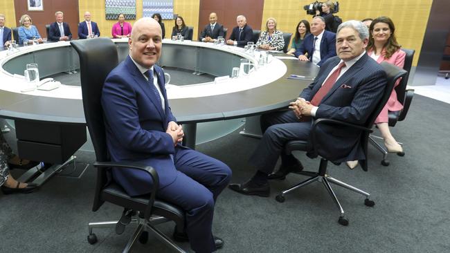 Prime Minister Christopher Luxon (L) and Deputy Prime Minister Winston Peters look on during a cabinet meeting at parliament. Picture: Getty Images.