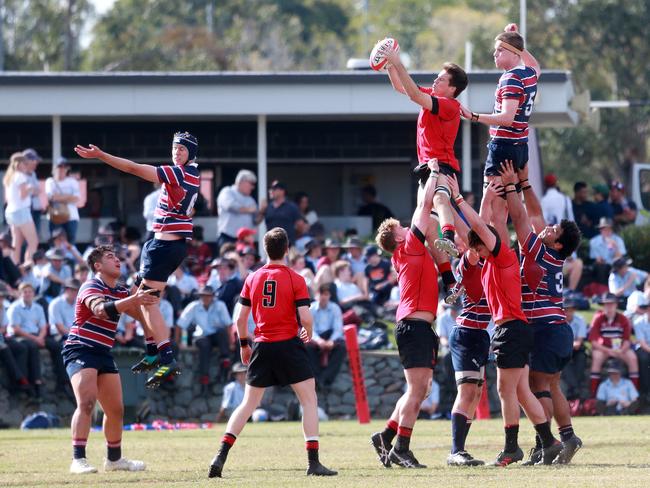 GT no. 7 Louis Jorgensen with the ball as Gregory Terrace v The Southport School at St Joseph's College Playing Field, Tennyson, Saturday August 31, 2019. (AAP/Image Sarah Marshall)