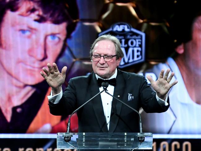 Kevin Sheedy speaking after he was inducted as a Legend at the 2018 Australian football Hall of Fame Induction Dinner in Melbourne on Tuesday night. AAP Image/Joe Castro