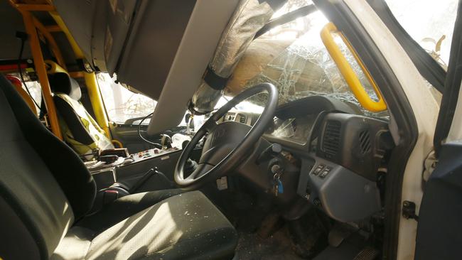 Inside the fire tanker crushed by a fallen tree at Jumbuk. Picture: Darrian Traynor/Getty