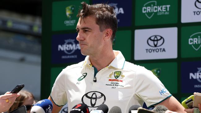 PERTH, AUSTRALIA - DECEMBER 13: Pat Cummins of Australia addresses the media at a press conference ahead of the Australia v Pakistan - Men's 1st Test Match at Optus Stadium on December 13, 2023 in Perth, Australia. (Photo by Paul Kane/Getty Images)