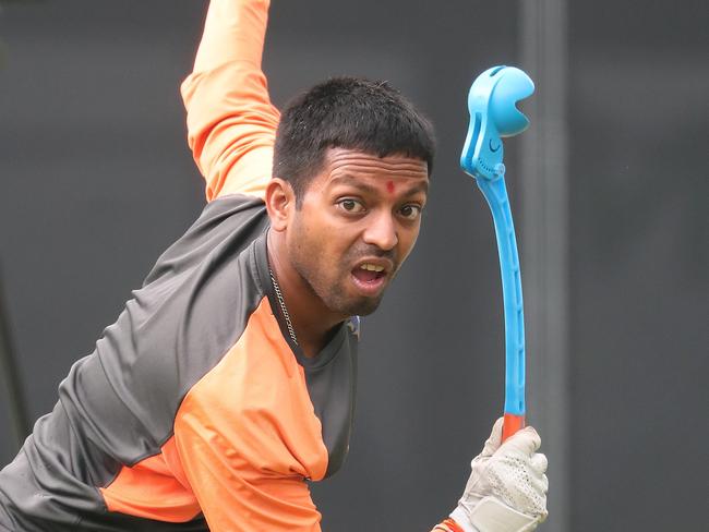 Raghu sends one down in the nets during Indian training at the Gabba. Picture: Peter Wallis