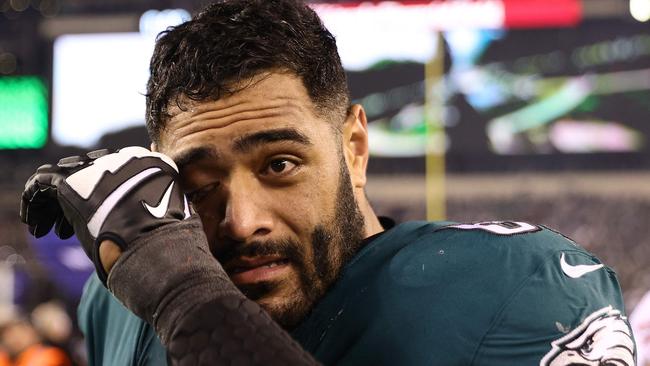 PHILADELPHIA, PENNSYLVANIA - JANUARY 29: Jordan Mailata #68 of the Philadelphia Eagles reacts after defeating the San Francisco 49ers 31-7 in the NFC Championship Game at Lincoln Financial Field on January 29, 2023 in Philadelphia, Pennsylvania.   Tim Nwachukwu/Getty Images/AFP (Photo by Tim Nwachukwu / GETTY IMAGES NORTH AMERICA / Getty Images via AFP)