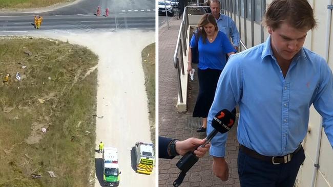 James Paul Bryson outside Naracoorte Magistrates Court on Wednesday, right, and the scene of the double fatal car crash, left. Picture: 7NEWS