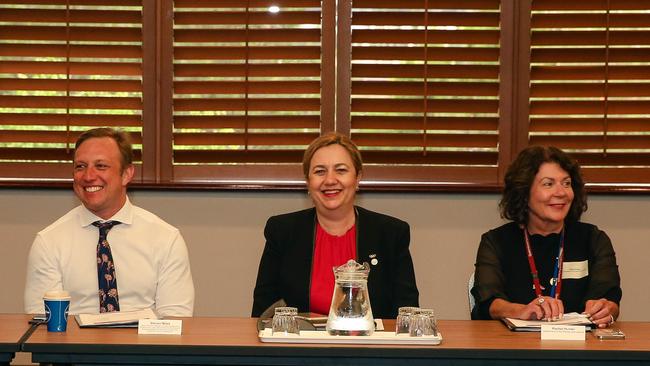 Deputy Premier Dr Steven Miles, Premier Anastasia Palaszcuk and Rachel Hunter during a housing shortage round table discussion at Queensland Parliament in Brisbane. Picture: NCA NewsWire / Glenn Campbell