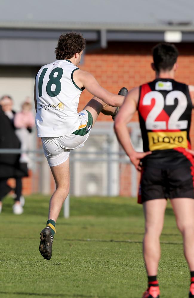 GFL preliminary finals Senior footy: Newtown &amp; Chilwell v Leopold. Leopold's Connor Giddings kicks the winning goal after he siren. Picture: Mike Dugdale