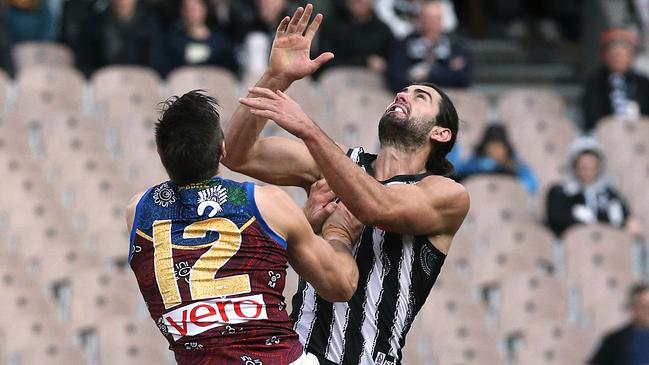 Martin and Grundy will lock horns again on Easter Thursday at the Gabba with Grundy currently AFL’s form ruckman. Picture: Wayne Ludbey 