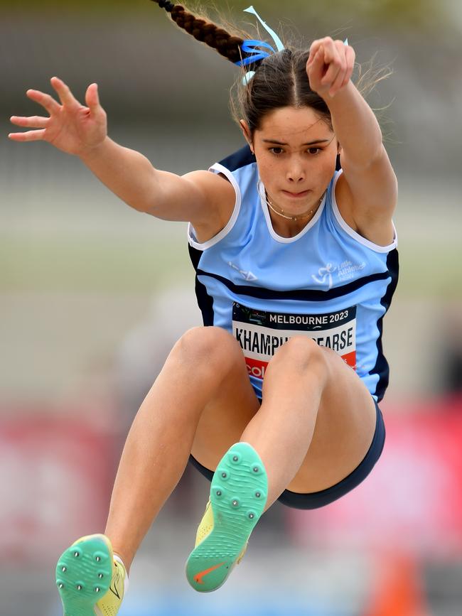 Audrey Khamphet Pearse (NSW) competes during the Australian Little Athletics Championships at Lakeside Stadium in Albert Park, Victoria on April 23, 2023.