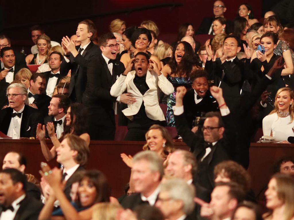 Actor Jharrel Jerome and the cast of Moonlight react during the 89th Annual Academy Awards on February 26, 2017 in Hollywood, California. Picture: Getty