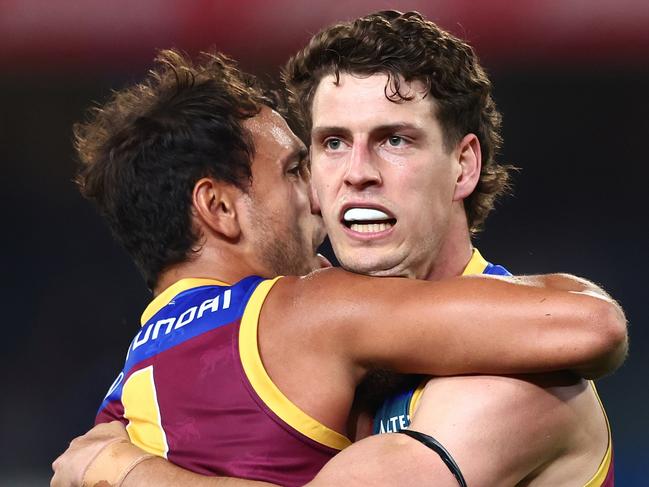 BRISBANE, AUSTRALIA - JUNE 28: Jarrod Berry of the Lions celebrates a goalduring the round 16 AFL match between Brisbane Lions and Melbourne Demons at The Gabba, on June 28, 2024, in Brisbane, Australia. (Photo by Chris Hyde/AFL Photos/via Getty Images)