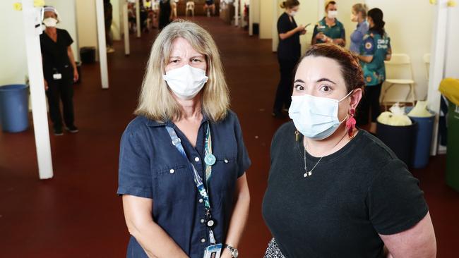 Cairns and Hinterland Hospital and Health Service health incident controller Dr Donna Goodman (left) and nursing director Erin Howell inside the Cairns Showgrounds testing clinic. The site will be shut down on Sunday March 27. Picture: Brendan Radke