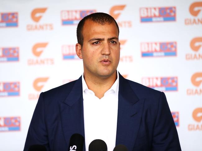 SYDNEY, AUSTRALIA - MARCH 06:  Bingo Industries CEO Daniel Tartak speaks to the media during a GWS Giants AFL Media Announcement that Bingo Industries will sponsor the Giants at the WestConnex Centre on March 6, 2018 in Sydney, Australia.  (Photo by Mark Kolbe/Getty Images)