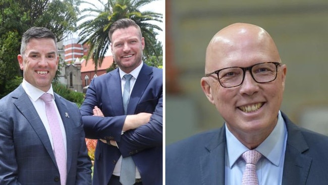 New Victorian Liberals leader Brad Battin with deputy leader Sam Groth, alongside Opposition Leader Peter Dutton.