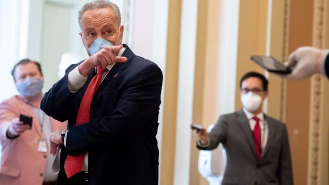 US Senate Minority Leader Chuck Schumer speaks to reporters as the Senate returns to session. Picture: AFP.