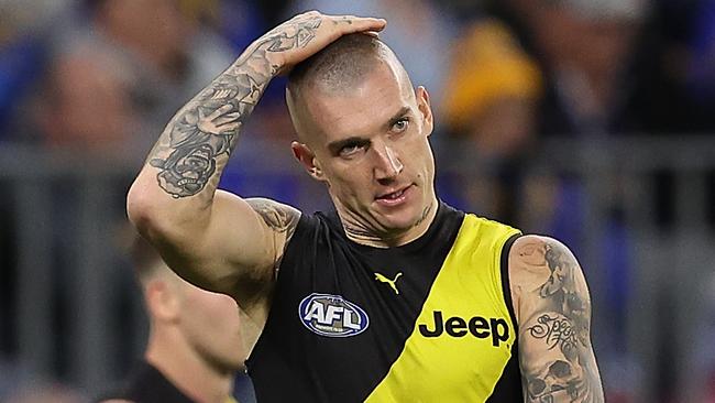 PERTH, AUSTRALIA - JUNE 13: Dustin Martin of the Tigers looks on during the round 14 AFL match between the West Coast Eagles and the Richmond Tigers at Optus Stadium on June 13, 2021 in Perth, Australia. (Photo by Paul Kane/Getty Images)