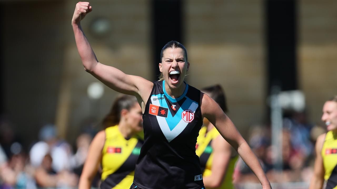 ADELAIDE, AUSTRALIA - NOVEMBER 10: Olivia Levicki of the Power celebrates a goa during the 2024 AFLW Second Elimination Final match between the Port Adelaide Power and the Richmond Tigers at Alberton Oval on November 10, 2024 in Adelaide, Australia. (Photo by James Elsby/AFL Photos via Getty Images)