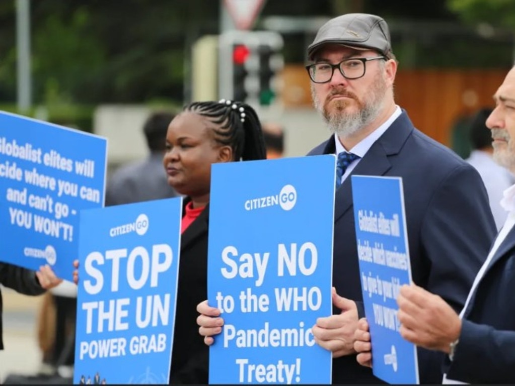 George Christensen posted this photo of himself protesting a Pandemic Treaty by the WHO in Geneva, Switzerland on June 19, 2024 to his 'Nation First' substack page, and said he was there in May. Picture: George Christensen/Nation First