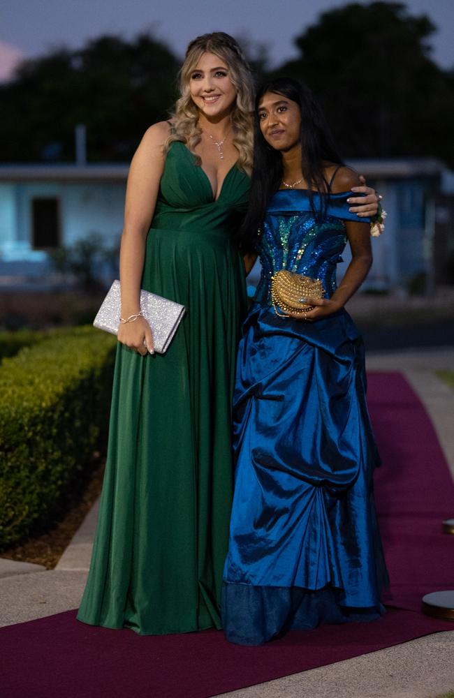 Jacquelyn Pekar and Kayalvili Guhadas, graduating class of 2023, arrive at St Patrick‘s Formal on Friday, May 5, 2023. Gympie, Queensland. Picture: Christine Schindler