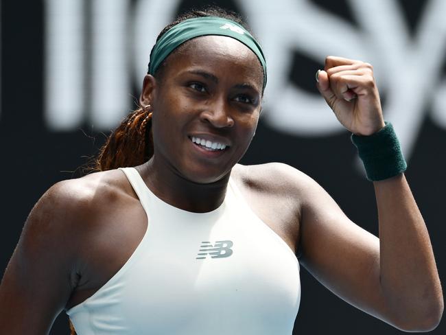 MELBOURNE, AUSTRALIA - JANUARY 19: Coco Gauff of the United States celebrates a point against Belinda Bencic of Switzerland in the Women's Singles Fourth Round match during day eight of the 2025 Australian Open at Melbourne Park on January 19, 2025 in Melbourne, Australia. (Photo by Quinn Rooney/Getty Images)