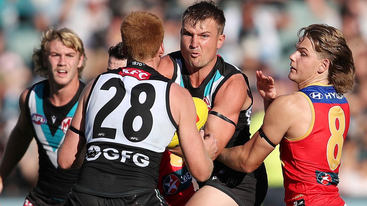 Adelaide, Australia. 03rd June, 2023. Junior Rioli of the Power snaps a  goal during the AFL Round 12 match between the Port Adelaide Power and the  Hawthorn Hawks at the Adelaide Oval