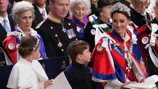 Princess Charlotte, Prince Louis and Catherine, Princess of Wales at the coronation. Picture: AFP