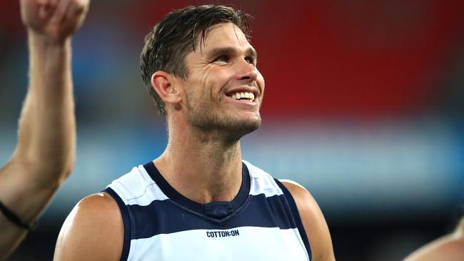 Tom Hawkins of the Cats thanks fans after the win against Port Adelaide