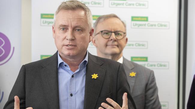 Tasmanian Premier Jeremy Rockliff and Prime Minister Anthony Albanese at the official opening of the Hobart Urgent Care Clinic on Thursday. Picture: NCA NewsWire / Chris Kidd