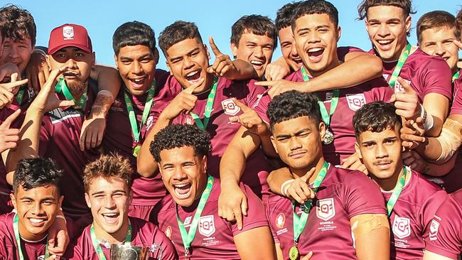 Wavell SHS Queensland players Tyreece Tait, top left, Damascus Neemia (top middle) and Karl Oloapu, second from the bottom right. Picture: Zak Simmonds