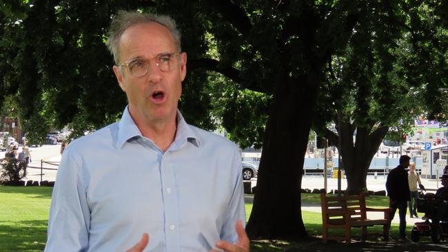 Greens Senator Nick McKim speaks to the media on Parliament Lawns in Hobart on Friday, December 6, 2024.