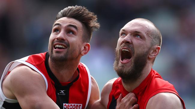 Max Gawn battles with St Kilda's Billy Longer. Pic: Michael Klein