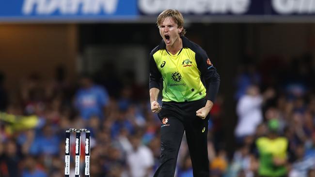 Adam Zampa celebrates after taking the wicket of Virat Kohli. Picture: Getty