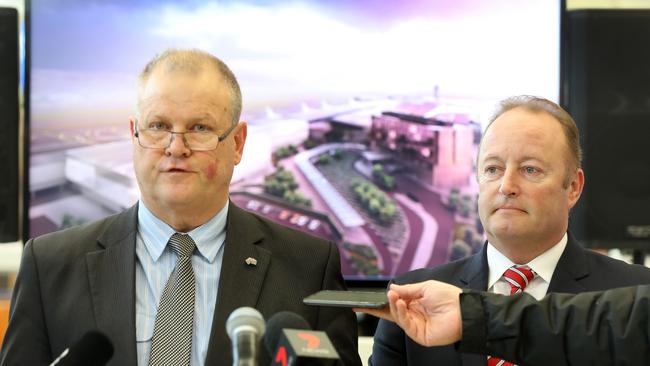 Adelaide Airport managing director Mark Young and chairman Rob Chapman at the announcement of the $165m airport expansion