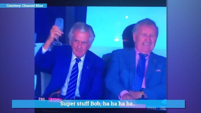 Bob Hawke skolls beer at the SCG