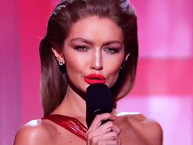 Gigi Hadid does a Melania Trump impression at the AMAs. Picture: Fox8