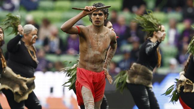 MELBOURNE, AUSTRALIA - JUNE 11: Indigenous dancers perform during a welcome to country before the round 15 NRL match between Melbourne Storm and Cronulla Sharks at AAMI Park on June 11, 2023 in Melbourne, Australia. (Photo by Daniel Pockett/Getty Images)