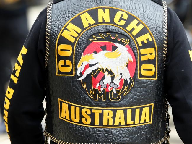 MELBOURNE, AUSTRALIA - NewsWire Photos, JANUARY 29, 2022.  Comanchero watched by police leave for their OMCG run between Hallam and Truganina. Saturday, January 29, 2021. Logo, Jacket, Generic. Picture: NCA NewsWire / David Crosling