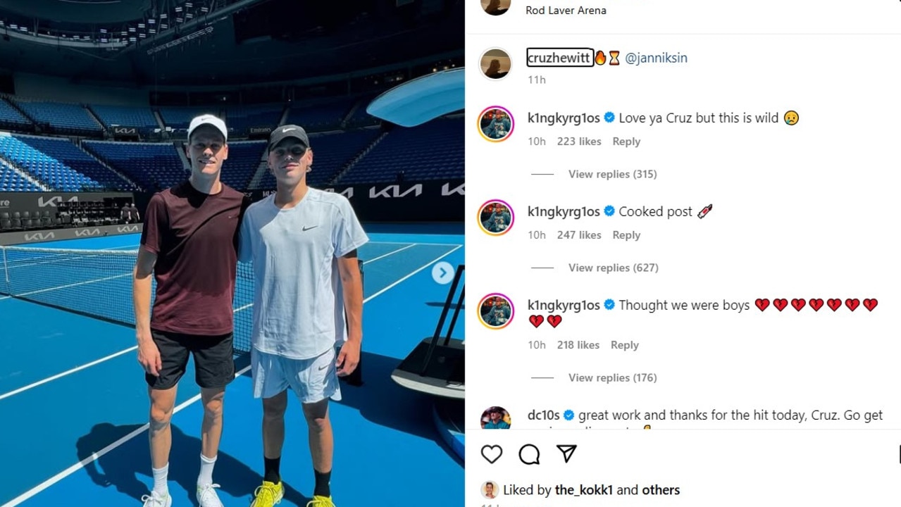 Nick Kyrgios wasn't happy to see Cruz Hewitt having a hit with Jannik Sinner.