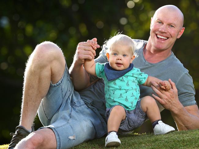 Barry Hall and his son Miller, 15 months, at home on the Gold Coast. Picture: Adam Head.