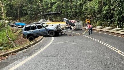 The vehicle was travelling down the Kuranda Range Road towing a boat when the driver lost control and jackknifed blocking the road. Picture: Supplied