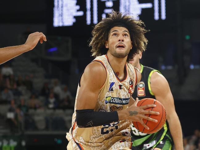 Cairns star Keanu Pinder was frustrated by remarks made about his cultural background during the NBL commentary. Picture: Getty Images