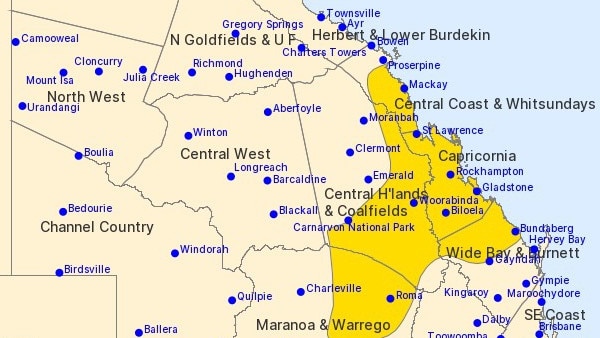 The warning zone issued by BOM on October 24 for severe thunderstorms covers most of North and Central Queensland, from Proserpine in the north to Bundaberg in the south. Picture: Bureau of Meteorology