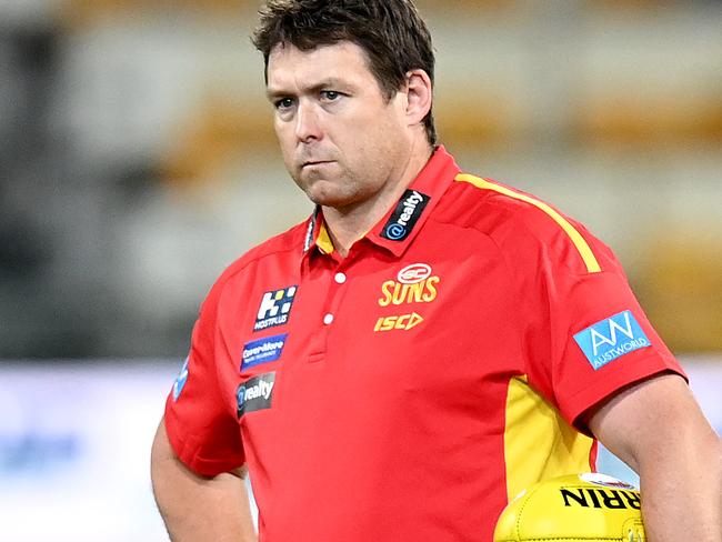 BRISBANE, AUSTRALIA - SEPTEMBER 09: Coach Stuart Dew of the Suns during the round 16 AFL match between the Brisbane Lions and the Gold Coast Suns at The Gabba on September 09, 2020 in Brisbane, Australia. (Photo by Bradley Kanaris/Getty Images)