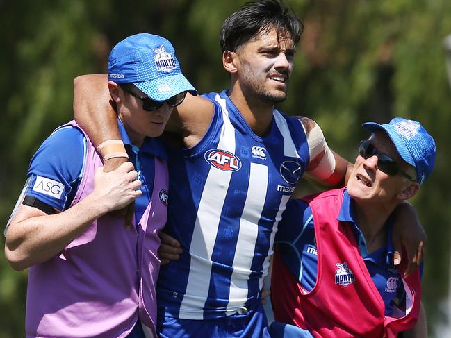 AFL. JLT. Round 1. North Melbourne v St Kilda at Avalon Airport Oval, Werribee.  Aaron Hall in the hands of trainers after injuring his knee . Pic: Michael Klein