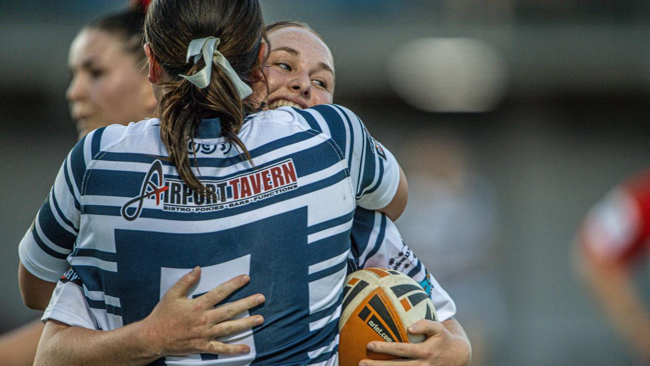 Jacinda Summers celebrates scoring a try for the Darwin Brothers against the Litchfield Bears in the 2023 NRL NT prelim final. Picture: Pema Tamang Pakhrin