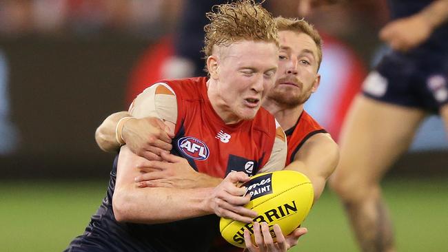 Clayton Oliver and the Demons were strangled by Essendon’s pressure. Picture: Getty Images