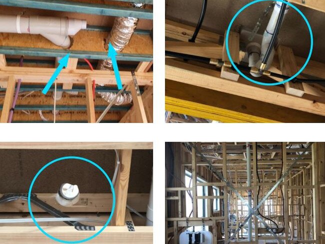 Examples of excessive notching, trenching and holes in studs, plates and structural timber frame, which undermined the structural integrity of dwellings.