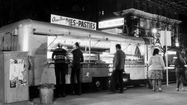 The old Balfours pie cart on North Tce outside the Adelaide Railway Station in 1982. Picture: File photo