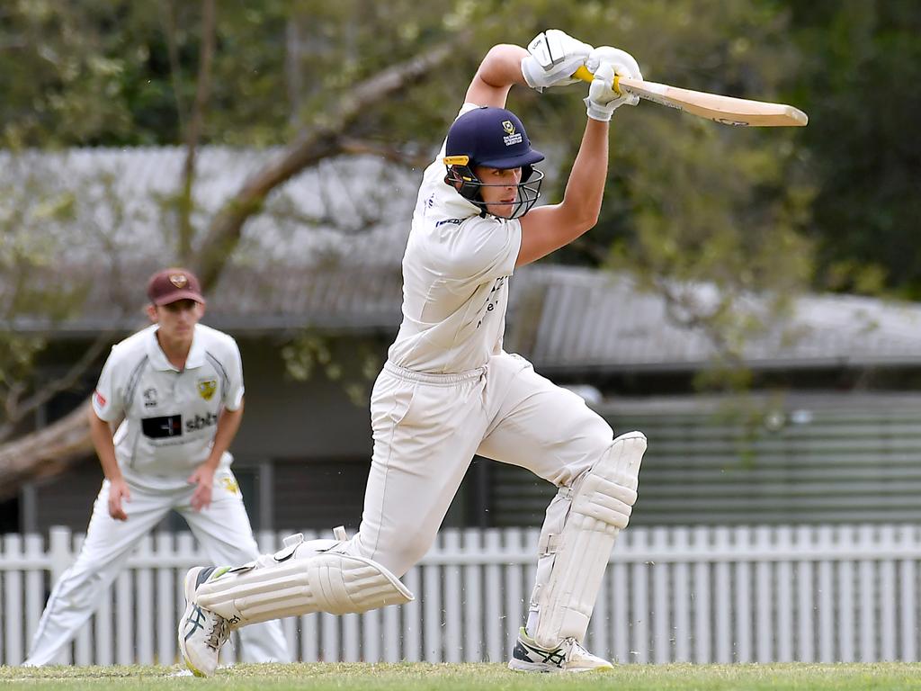 Ipswich batsman Angus Lovell University v Ipswich in the Sci-Fleet first grade competition. Saturday October 1, 2022. Picture, John Gass