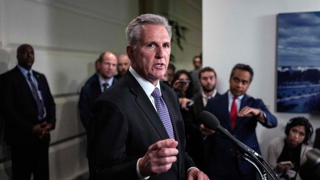 US Speaker of the House, Republican Kevin McCarthy, speaks to the press after meeting his caucus on Capitol Hill in Washington on Friday US time. Picture: Andrew Caballero-Reynolds/AFP